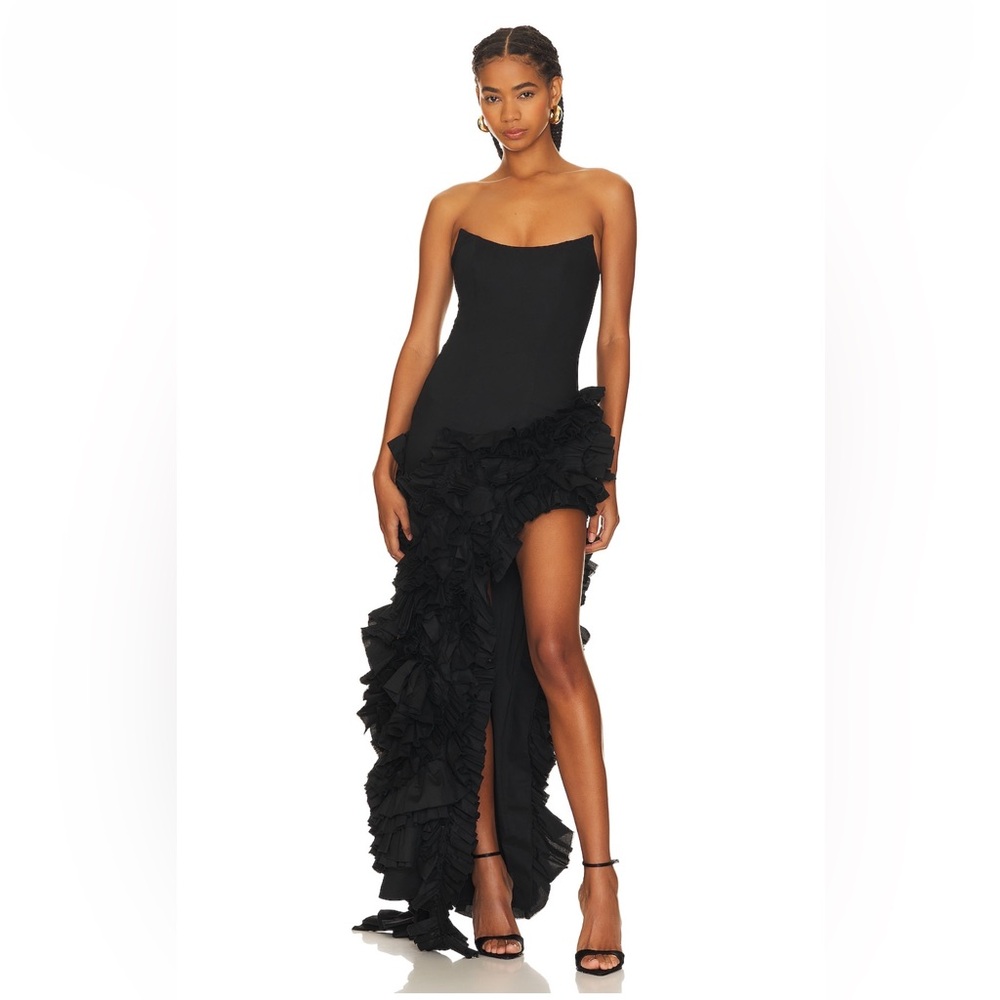 NBD Revolve Black Strapless Dress with Ruffled Detailing and High Slit Size M